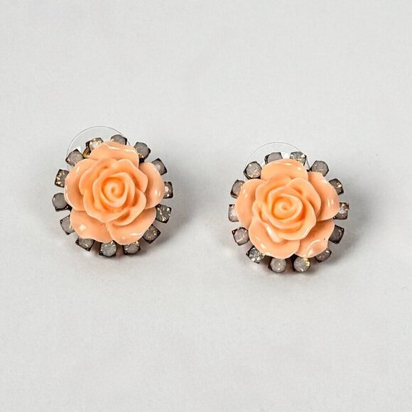 NWT Betsey Johnson Studs Earrings Cream Roses Light Green Crystals Fairy Flower - Picture 2 of 7